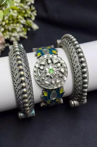 Set of 3 Meenakari Lotus Kadas, Oxidized Silver Brass Boho Bracelet Stack