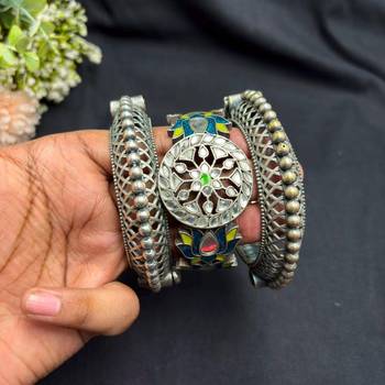Set of 3 Meenakari Lotus Kadas, Oxidized Silver Brass Boho Bracelet Stack 3