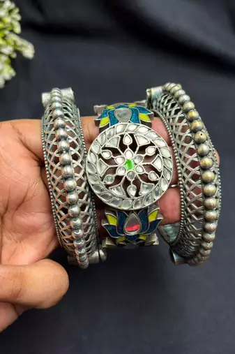Set of 3 Meenakari Lotus Kadas, Oxidized Silver Brass Boho Bracelet Stack