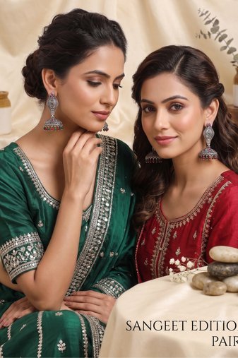 Oxidized silver earring combo – red & green stone ethnic drop earrings for women (pack of 2)