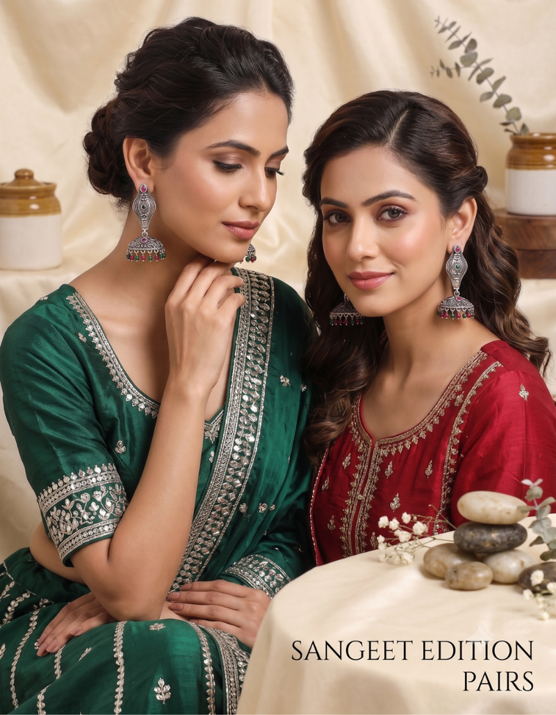 Oxidized silver earring combo – red & green stone ethnic drop earrings for women (pack of 2)