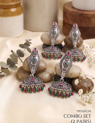 Oxidized silver earring combo – red & green stone ethnic drop earrings for women (pack of 2) 2