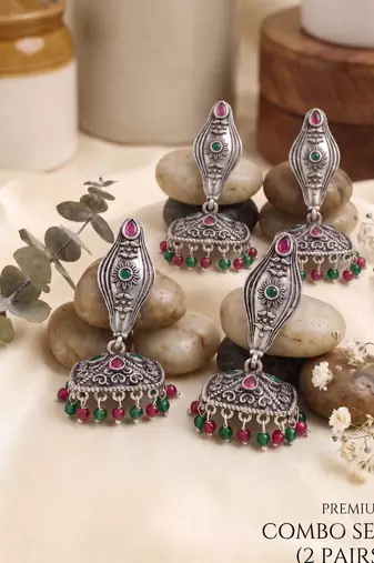 Oxidized silver earring combo – red & green stone ethnic drop earrings for women (pack of 2)