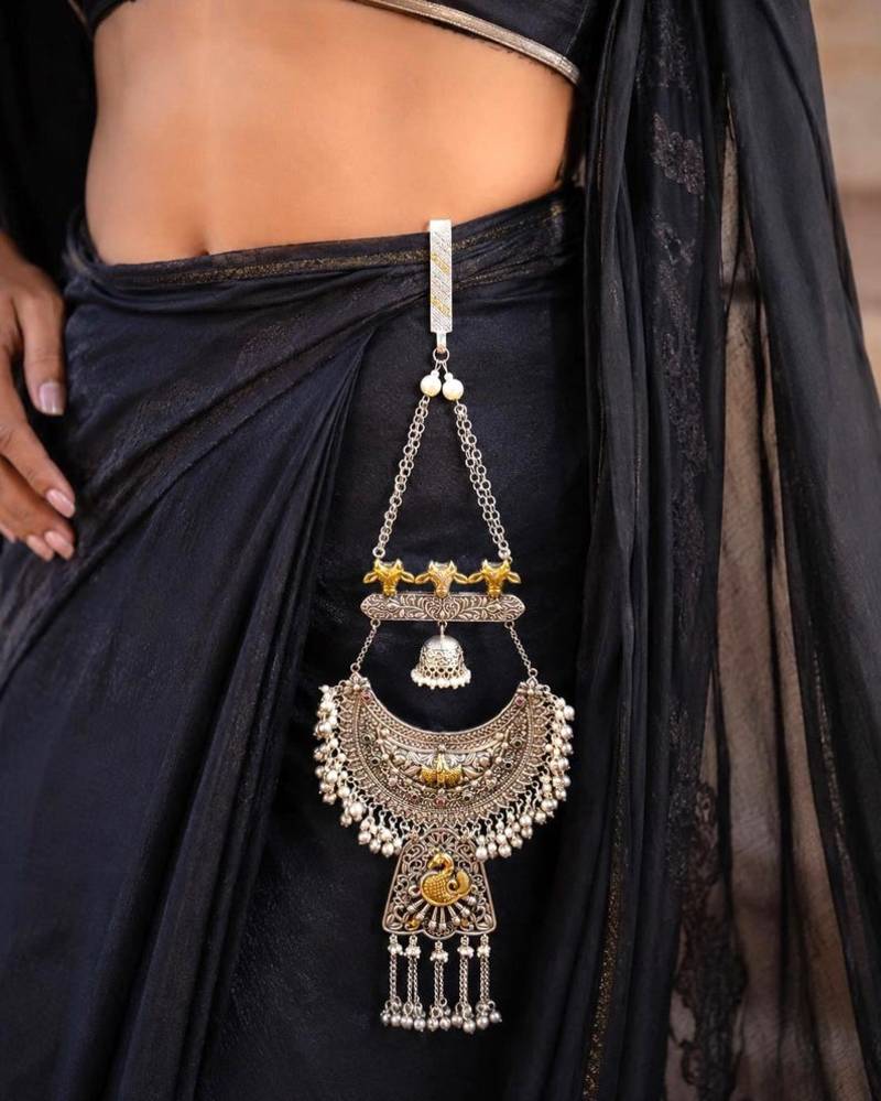 Oxidized Brass Silver Chabi Challa Saree Pin, Peacock Motif, Tribal Jewelry 
