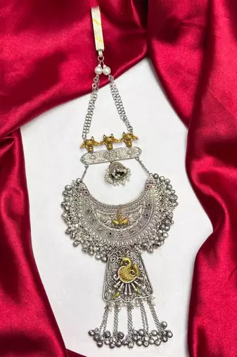 Oxidized Brass Silver Chabi Challa Saree Pin, Peacock Motif, Tribal Jewelry 