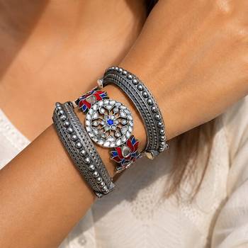Silver Oxidized Brass Bracelet Set of 3pc, Lotus Kada Bangles, kundan Cuff Bracelet,  1