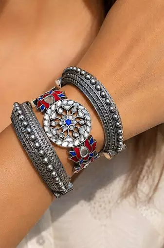 Silver Oxidized Brass Bracelet Set of 3pc, Lotus Kada Bangles, kundan Cuff Bracelet, 