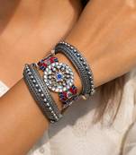 Silver Oxidized Brass Bracelet Set of 3pc, Lotus Kada Bangles, kundan Cuff Bracelet, 