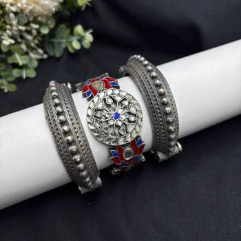 Silver Oxidized Brass Bracelet Set of 3pc, Lotus Kada Bangles, kundan Cuff Bracelet,  2