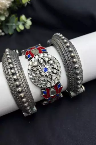 Silver Oxidized Brass Bracelet Set of 3pc, Lotus Kada Bangles, kundan Cuff Bracelet, 