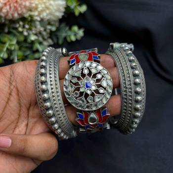 Silver Oxidized Brass Bracelet Set of 3pc, Lotus Kada Bangles, kundan Cuff Bracelet,  3