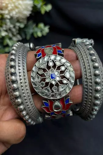 Silver Oxidized Brass Bracelet Set of 3pc, Lotus Kada Bangles, kundan Cuff Bracelet, 