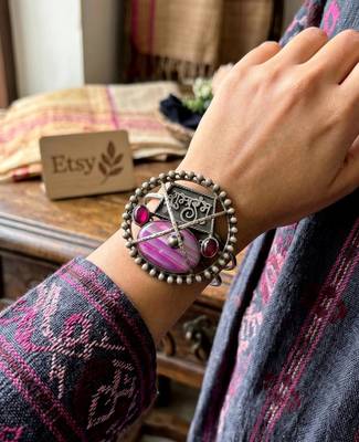 Oxidized Silver Cuff Bracelet, Pink Fusion Agate Statement Bangle 1