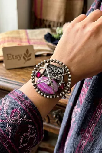 Oxidized Silver Cuff Bracelet, Pink Fusion Agate Statement Bangle