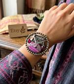 Oxidized Silver Cuff Bracelet, Pink Fusion Agate Statement Bangle