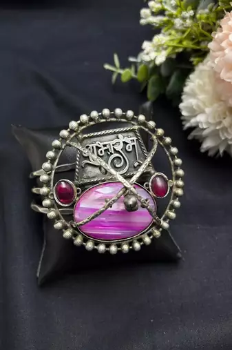 Oxidized Silver Cuff Bracelet, Pink Fusion Agate Statement Bangle