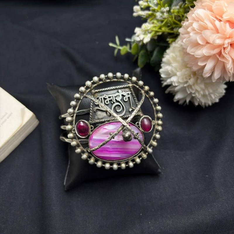 Oxidized Silver Cuff Bracelet, Pink Fusion Agate Statement Bangle