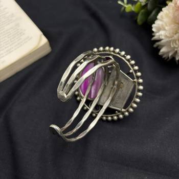 Oxidized Silver Cuff Bracelet, Pink Fusion Agate Statement Bangle 3