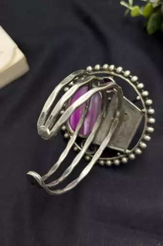 Oxidized Silver Cuff Bracelet, Pink Fusion Agate Statement Bangle