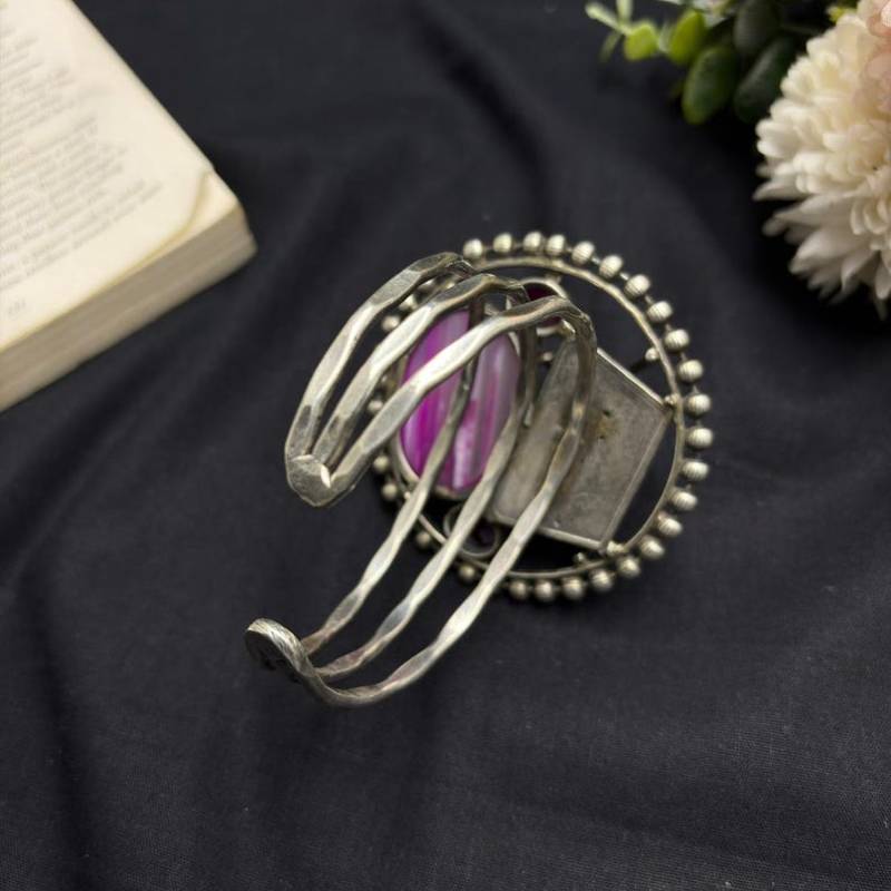 Oxidized Silver Cuff Bracelet, Pink Fusion Agate Statement Bangle