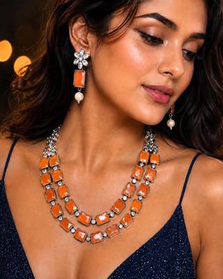 Orange Statement Necklace Earrings Set, Oxidized Silver Double Layer Ethnic Bridal Jewelry 1