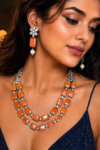 Orange Statement Necklace Earrings Set, Oxidized Silver Double Layer Ethnic Bridal Jewelry