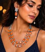 Orange Statement Necklace Earrings Set, Oxidized Silver Double Layer Ethnic Bridal Jewelry