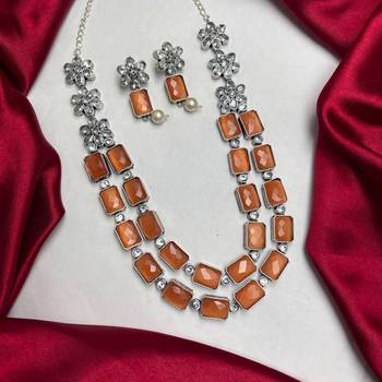 Orange Statement Necklace Earrings Set, Oxidized Silver Double Layer Ethnic Bridal Jewelry 2