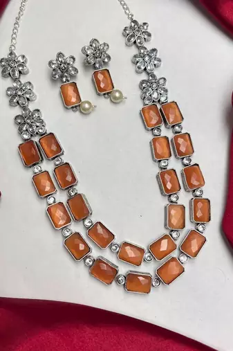 Orange Statement Necklace Earrings Set, Oxidized Silver Double Layer Ethnic Bridal Jewelry