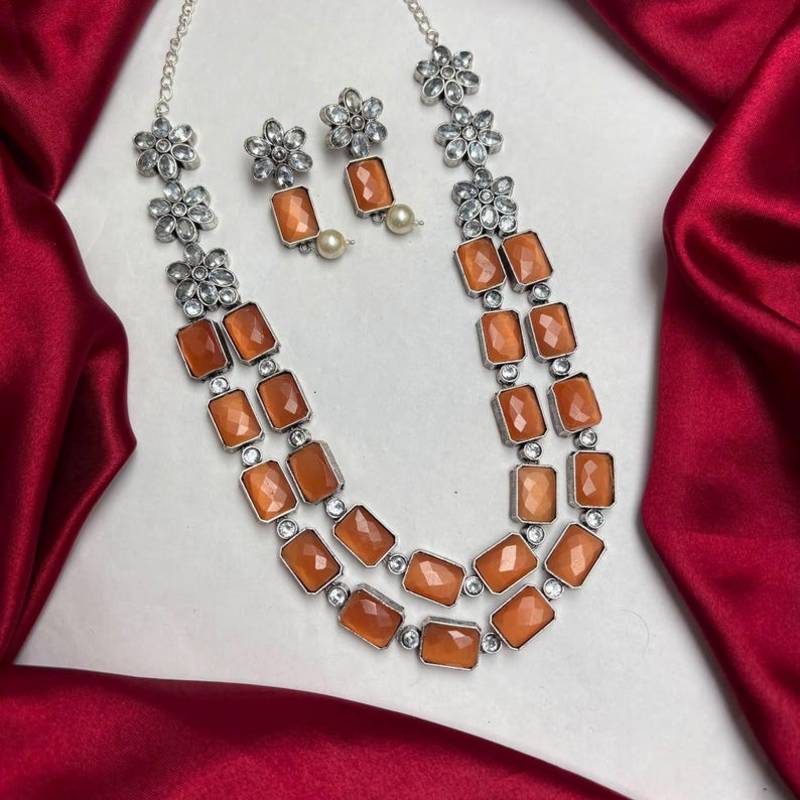 Orange Statement Necklace Earrings Set, Oxidized Silver Double Layer Ethnic Bridal Jewelry