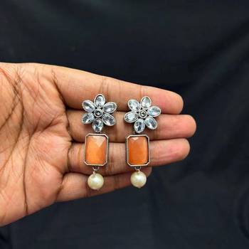 Orange Statement Necklace Earrings Set, Oxidized Silver Double Layer Ethnic Bridal Jewelry 3