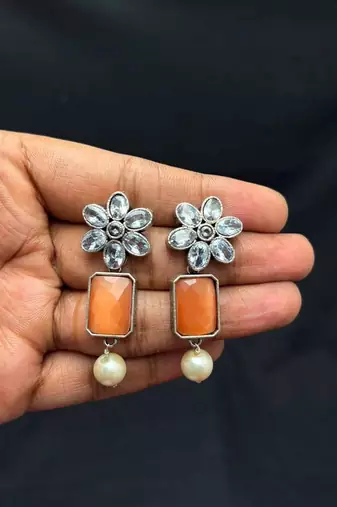 Orange Statement Necklace Earrings Set, Oxidized Silver Double Layer Ethnic Bridal Jewelry