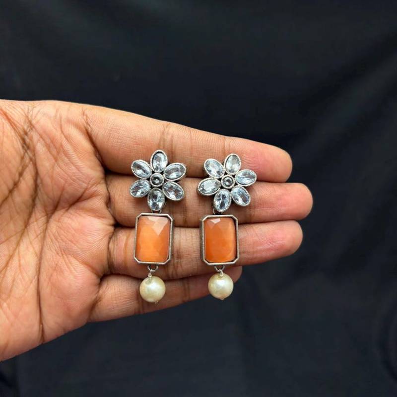 Orange Statement Necklace Earrings Set, Oxidized Silver Double Layer Ethnic Bridal Jewelry