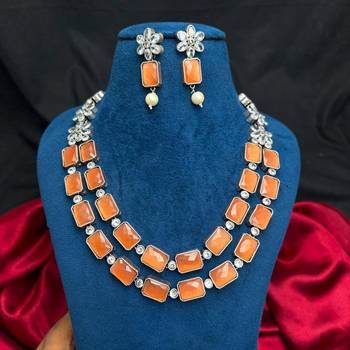 Orange Statement Necklace Earrings Set, Oxidized Silver Double Layer Ethnic Bridal Jewelry 4