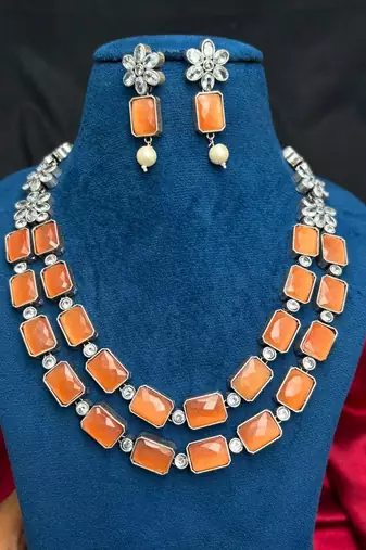 Orange Statement Necklace Earrings Set, Oxidized Silver Double Layer Ethnic Bridal Jewelry