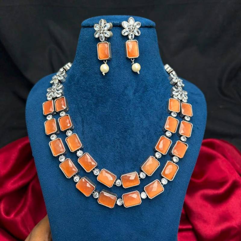 Orange Statement Necklace Earrings Set, Oxidized Silver Double Layer Ethnic Bridal Jewelry