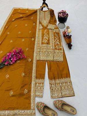 yellow designer party wear top pant & dupatta set 1