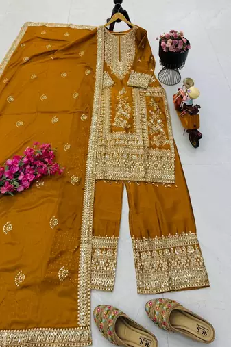 yellow designer party wear top pant & dupatta set