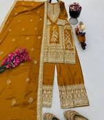 yellow designer party wear top pant & dupatta set