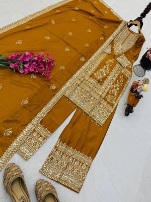 yellow designer party wear top pant & dupatta set 2