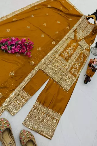 yellow designer party wear top pant & dupatta set