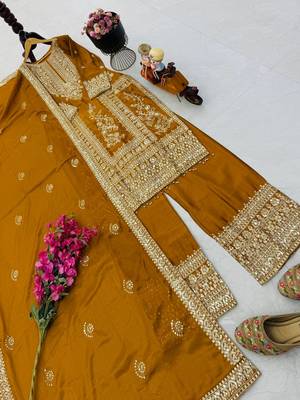 yellow designer party wear top pant & dupatta set 3