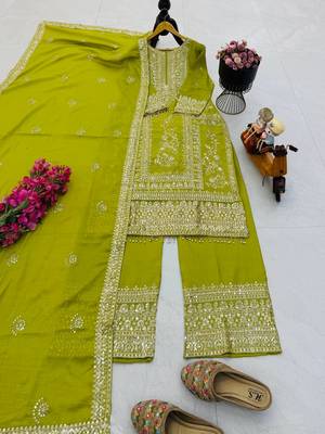 parrot green designer party wear top pant & dupatta set 1