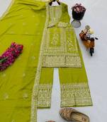parrot green designer party wear top pant & dupatta set