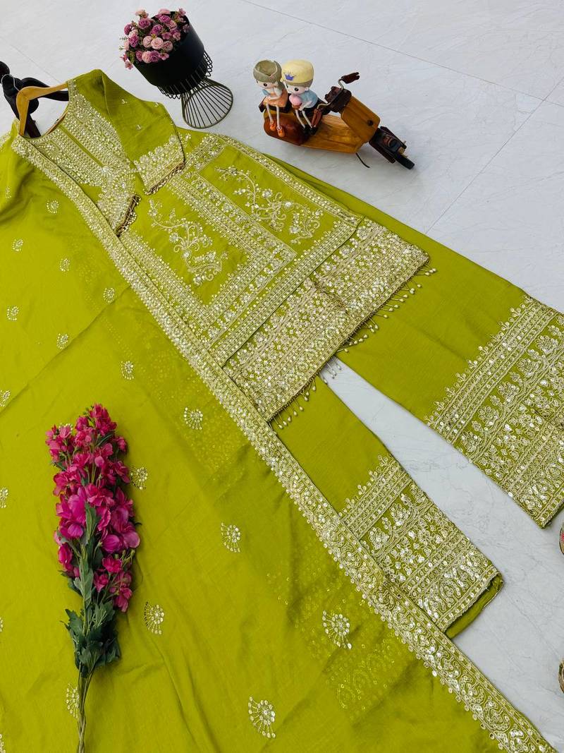parrot green designer party wear top pant & dupatta set