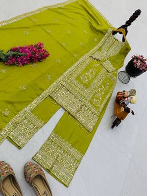 parrot green designer party wear top pant & dupatta set 3