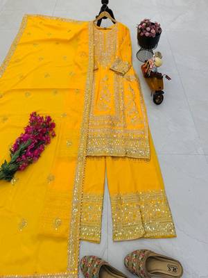 yellow designer party wear top pant & dupatta set 1