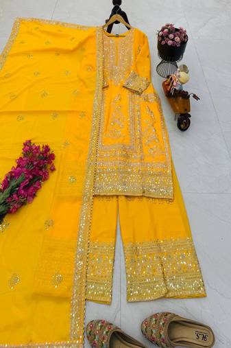 yellow designer party wear top pant & dupatta set