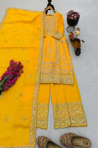 yellow designer party wear top pant & dupatta set