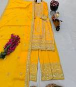 yellow designer party wear top pant & dupatta set